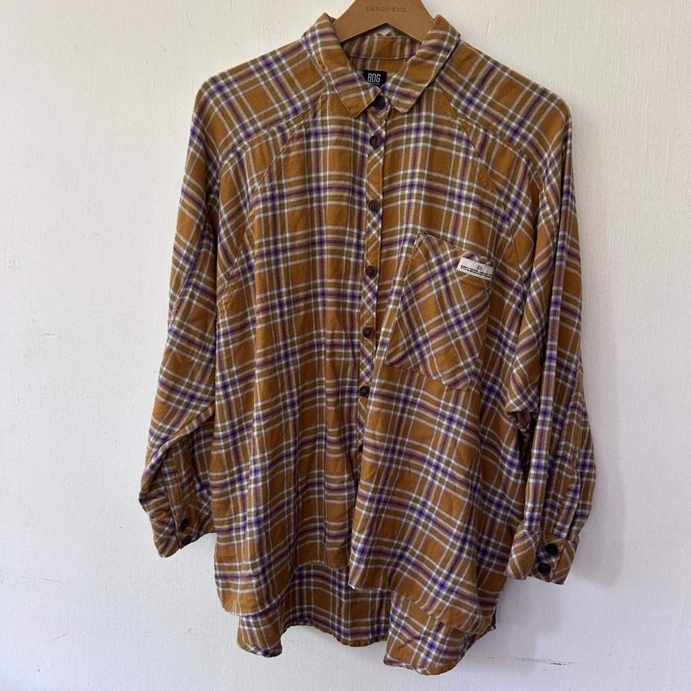 BDG Plaid Button Down Shirt Women Small Mustard Yellow Oversized Grunge Indie